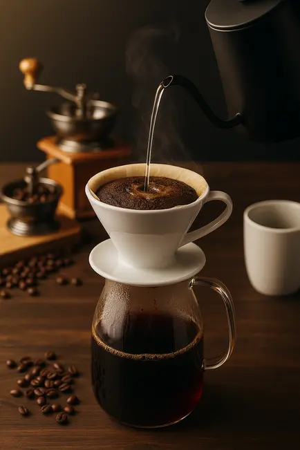 Água quente sendo despejada em um filtro de café V60, com jarra de vidro e moedores ao fundo sobre mesa rústica.