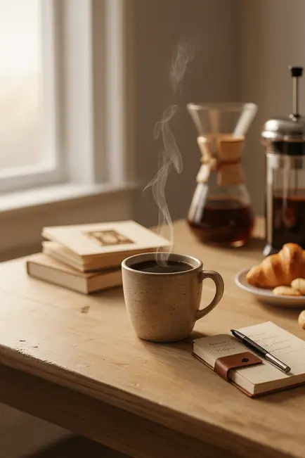 Xícara de café quente sobre mesa de madeira ao lado de livros, Chemex, prensa francesa e croissants em ambiente iluminado pela janela.